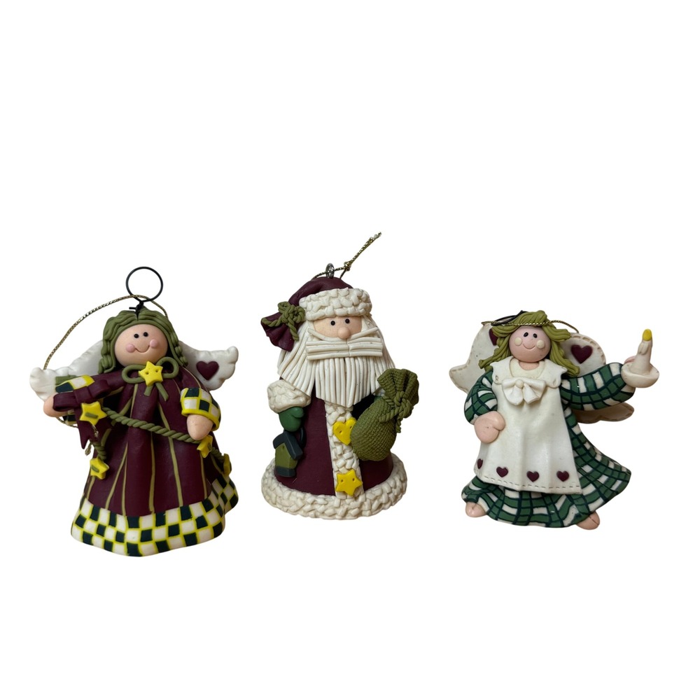 Vintage Style Polymer Clay Christmas Vintage Ornaments Santa and Angels Set of 3